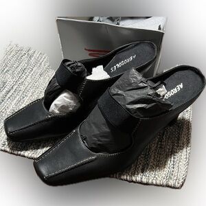 Aerosoles Cold Front Black Leather Mule Heels Size 10 New in Box 3 1/2” heel